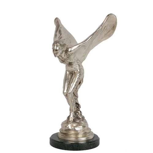 232 - Large silver-plated 'Spirit of Ecstasy' statue on marble socle, H 38cm, W 21cm.