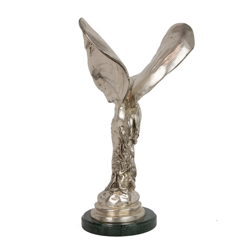 232 - Large silver-plated 'Spirit of Ecstasy' statue on marble socle, H 38cm, W 21cm.