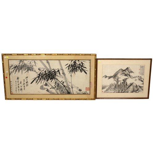 236 - Two Chinese framed pictures. Large brushwork black ink painting of bamboo on paper, artist stamp to ... 