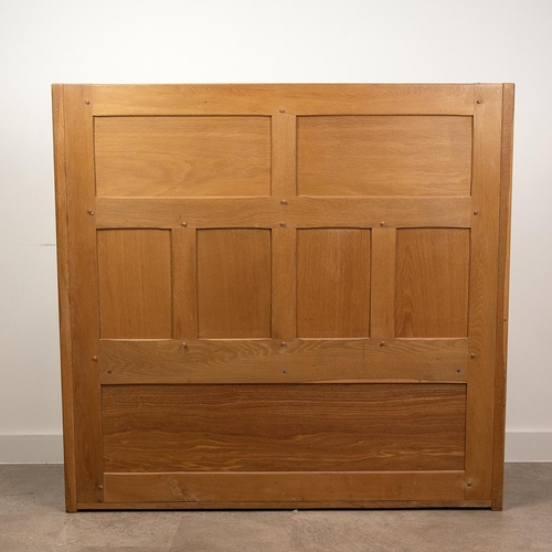 541 - Handmade peg jointed and carved oak settle with tall, profusely relief carved back and scroll shaped... 