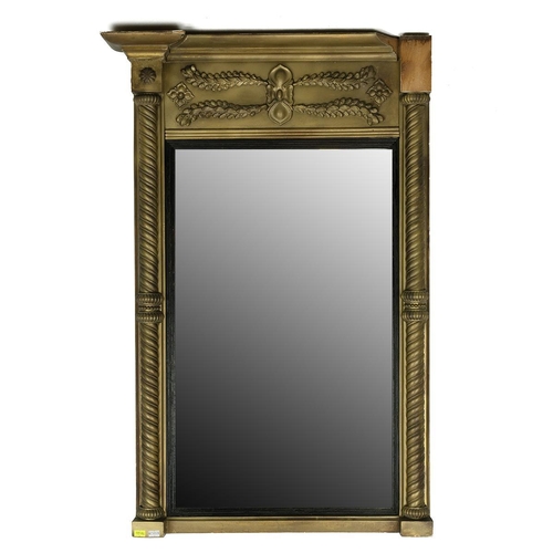 542 - Regency gilt carved wood hanging hall mirror with floral swags to pediment and turned columns either... 