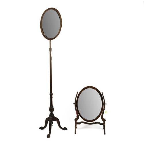 543 - An Edwardian mahogany framed oval dressing table swing mirror. Together with a Georgian pole Shaving... 