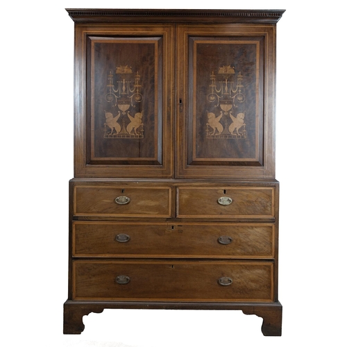 544 - Edwardian inlaid mahogany linen press the upper section with marquetry inlaid decoration to the door... 