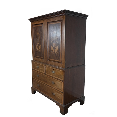 544 - Edwardian inlaid mahogany linen press the upper section with marquetry inlaid decoration to the door... 