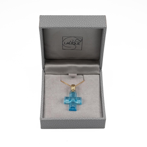 2 - A Lalique blue glass crucifix and silver gold plated necklace, hallmarked in original box.