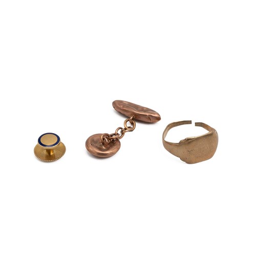 3 - 9ct gold hallmarked cut ring and cufflink 4.7 grams and an 18ct stamped gold shirt stud with blue en... 