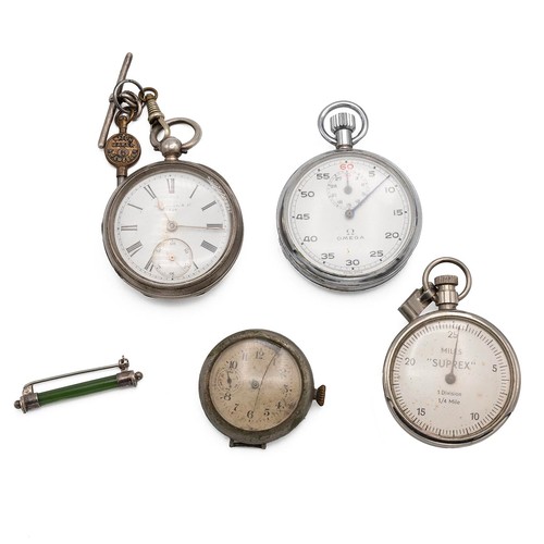 4 - Two pocket watches, an Omega stopwatch, Suprex Mile counter and a silver and jade bar brooch (5)