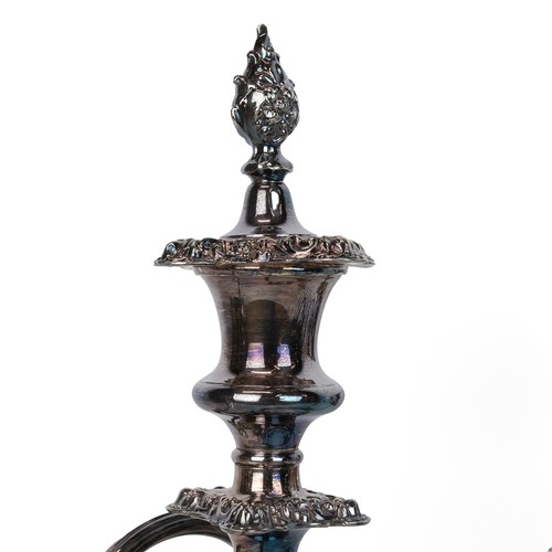 26 - Pair of tall Sheffield plate candelabra, mid 19th Century. Neoclassical form, removable drip trays a... 