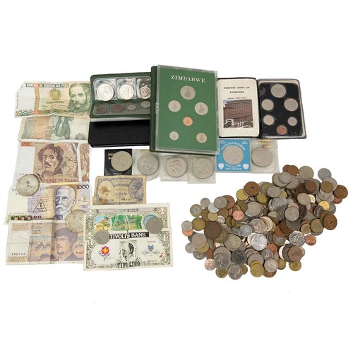 32 - World coins, to include Maria Theresa Thalers (2), 1970s Rhodesian coin set (2), banknotes, 1980 Zim... 