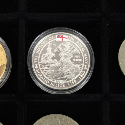 37 - Silver Guernsey proof silver coins, along with £5 Trafalgar coin and various others.