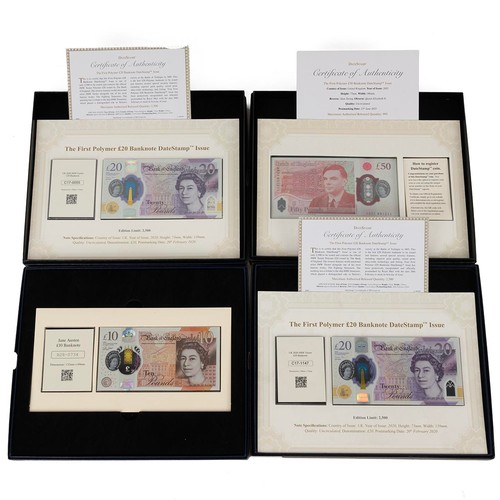 42 - Group of four 'The First Polymer Date Stamp Banknotes' to include 'Jane Austin £10 Banknote' a 'Date... 