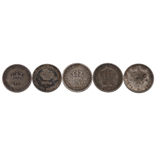 45 - Five (5) Portuguese silver 50 Reis, including 1861 Peter V (x2); 1879 Luis I; 1874 Luis I; and 1893 ... 