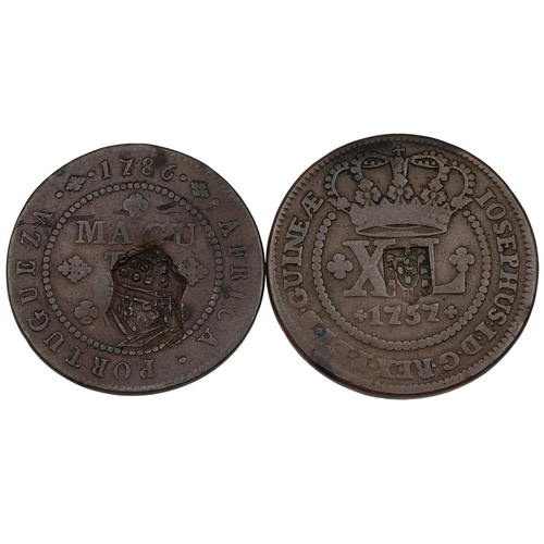 46 - Two (2) coins of Portuguese Angola, including 1786 Maria I and Pedro III copper 1 Macuta, countermar... 