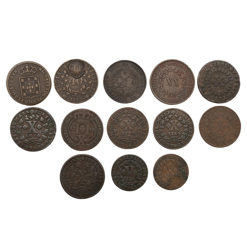 48 - Thirteen (13) Portuguese bronze and copper coins, including 1831 Miguel I Pataco/40 Reis; 1847 Maria... 