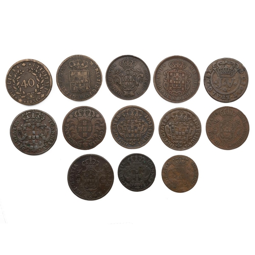 48 - Thirteen (13) Portuguese bronze and copper coins, including 1831 Miguel I Pataco/40 Reis; 1847 Maria... 