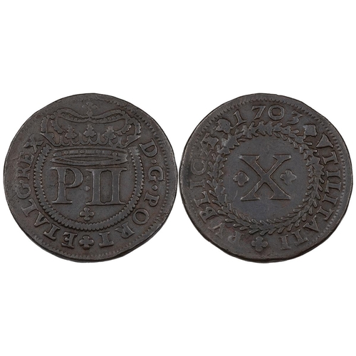 49 - Portugal, 1703 Peter II copper 10 Reis (KM 168). Obverse: 'P:II' with crown above, 'D · G · PORT + E... 