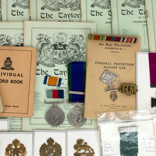 58 - Military group - cap badges, buttons, medals, books, ephemera and WW2 rucksack.