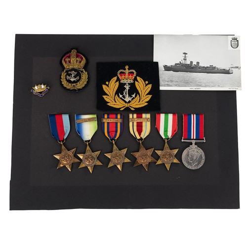 65 - WW2 naval medals, photo and cap badge awarded to Archibald Frank Rennie, HMS Ashanti. Consists of 19... 