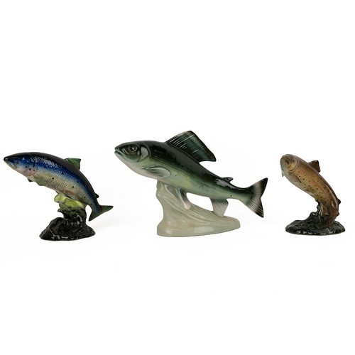 77 - Porcelain fish figurines - one by Royal Dux - a Grayling - and two by Beswick - Trout model 1032 and... 