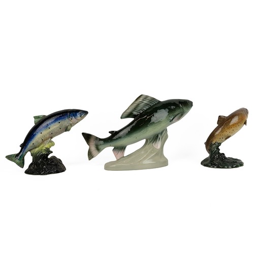 77 - Porcelain fish figurines - one by Royal Dux - a Grayling - and two by Beswick - Trout model 1032 and... 