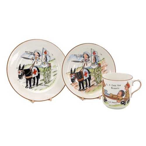 79 - Paragon WWI trio, 'Peek-a-boo series' mug titled 'A Case For Blighty' and the saucer & plate 'Re... 