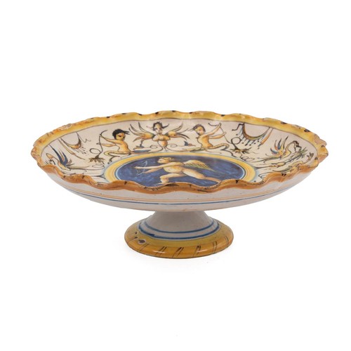 80 - 16th Century style Italian Majolica footed bowl decorated with a cherub to the well and a border of ... 