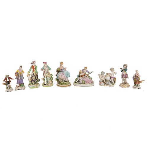 91 - Ceramic figurines to include: 18th Century Meissen figural group of two cherubs counting gold coins ... 