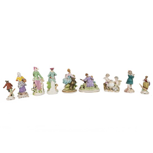 91 - Ceramic figurines to include: 18th Century Meissen figural group of two cherubs counting gold coins ... 