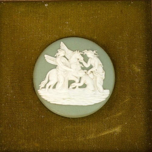 99 - Group of Wedgwood green Jasperware framed plaques. Classical scenes, each impressed Wedgwood to reve... 