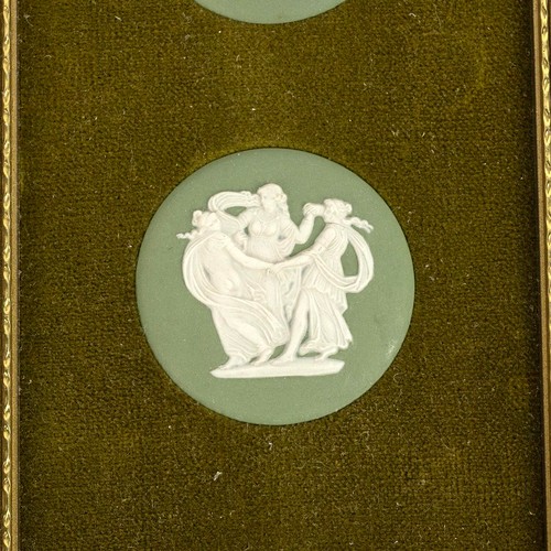 99 - Group of Wedgwood green Jasperware framed plaques. Classical scenes, each impressed Wedgwood to reve... 