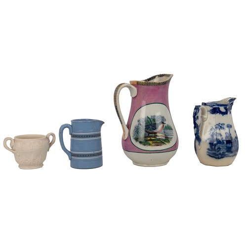 102 - 19th and 20th Century ceramics to include a water jug hand painted with birds (a Dipper and a Bee Ea... 