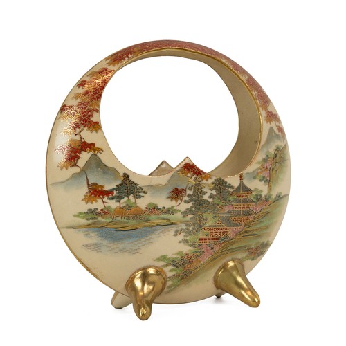 107 - Early 20th Century Japanese Satsuma porcelain flower basket, decorated with houses, flowers and tree... 