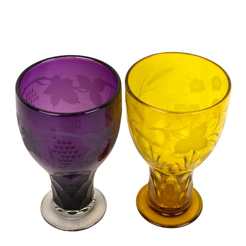 117 - Two large Bohemian glass goblet vases, the first in yellow etched with hops and barley the second in... 