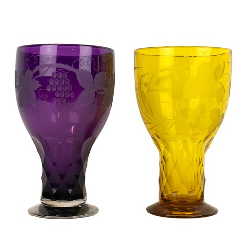 117 - Two large Bohemian glass goblet vases, the first in yellow etched with hops and barley the second in... 