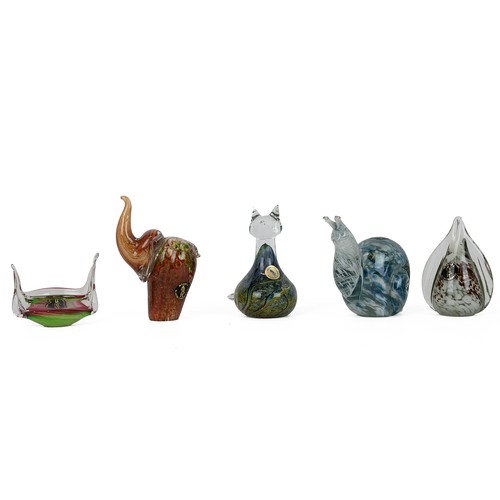 120 - Mtarfa glass to include 3 animal figurines (an elephant, cat, and snail together) - 4 vases, 2 bowls... 