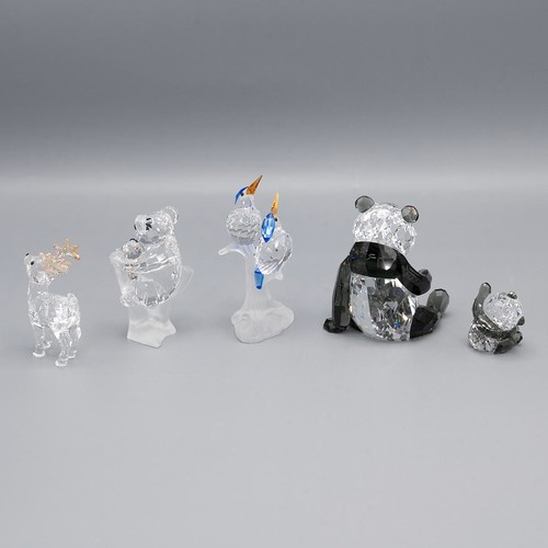 129 - A collection of Swarovski crystal animals, to include a small stag, panda and cub, pair of kingfishe... 