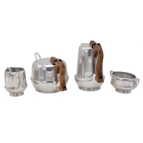 140 - Five piece Picquot ware tea set and tray comprising teapot, coffee/hotwater pot, milk jug and sugar ... 