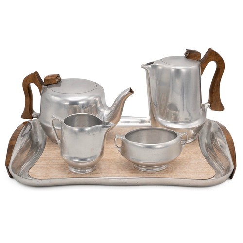 140 - Five piece Picquot ware tea set and tray comprising teapot, coffee/hotwater pot, milk jug and sugar ... 