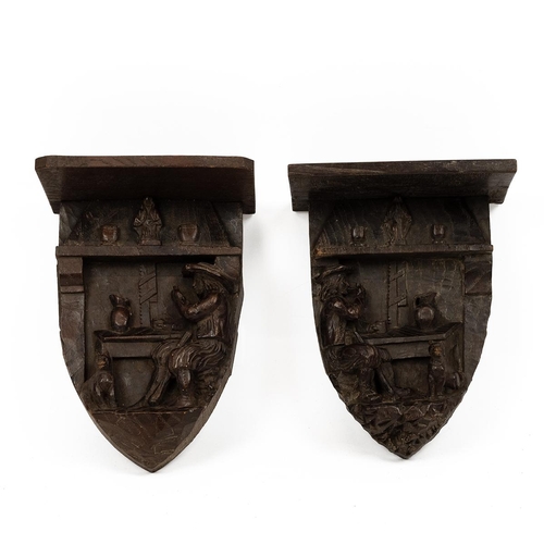 142 - A near pair of 19th Century oak wall carving shelves, probably Dutch. These are a mirror image to ea... 