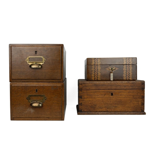 143 - Two antique oak index card boxes/drawers; a Victorian mahogany work box with banded inlay and a 1920... 