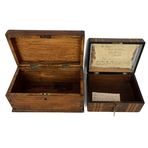 143 - Two antique oak index card boxes/drawers; a Victorian mahogany work box with banded inlay and a 1920... 