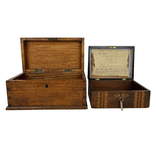 143 - Two antique oak index card boxes/drawers; a Victorian mahogany work box with banded inlay and a 1920... 