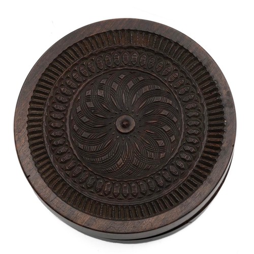 144 - Early 20th Century turned rosewood lidded dish, of circular form with carved decoration to the lid D... 