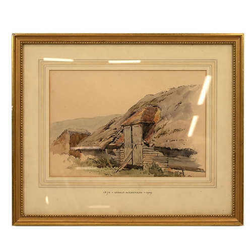 157 - Gerald Ackermann (1875 - 1959), pen & ink watercolour, 'Thatched Barn', 35cm x 23cm.