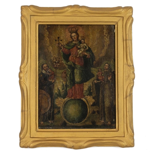 158 - Madonna and Child, 18th Century oil on copper, unsigned, in moulded gold tone frame. Signs of craque... 