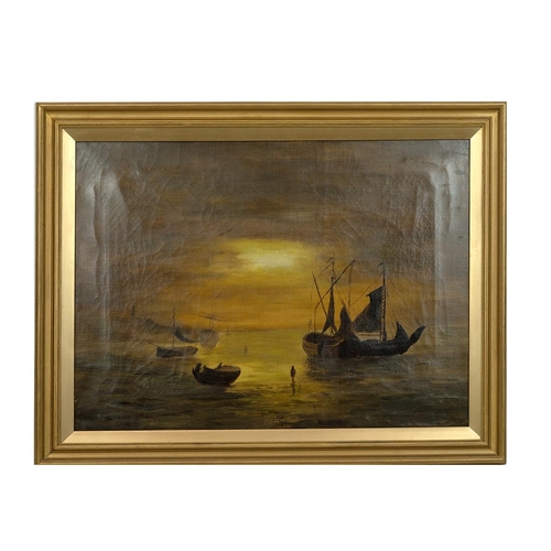 159 - 19th Century oil on canvas, European school, Seascape Boats at Sunset, unsigned, 60cm x 44.5cm.