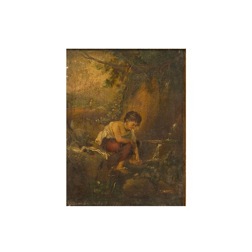 169 - Oil on Board 18/19th Century boy at a pond in gilt frame, unsigned, gilt frame. Board: W 13cm, H 17c... 