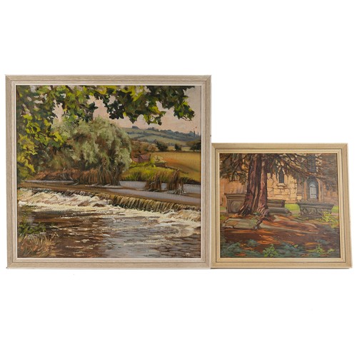 180 - Two Katherine George (British, 20th Century), Summer Avon, country weir scene, signed and dated 1985... 