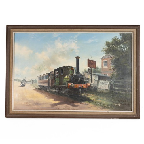 185 - Chris Golds, Steam Train and Carriage at the Volunteer, oil on canvas signed and dated 1982 lower ri... 