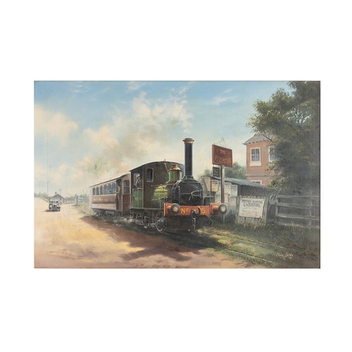 185 - Chris Golds, Steam Train and Carriage at the Volunteer, oil on canvas signed and dated 1982 lower ri... 